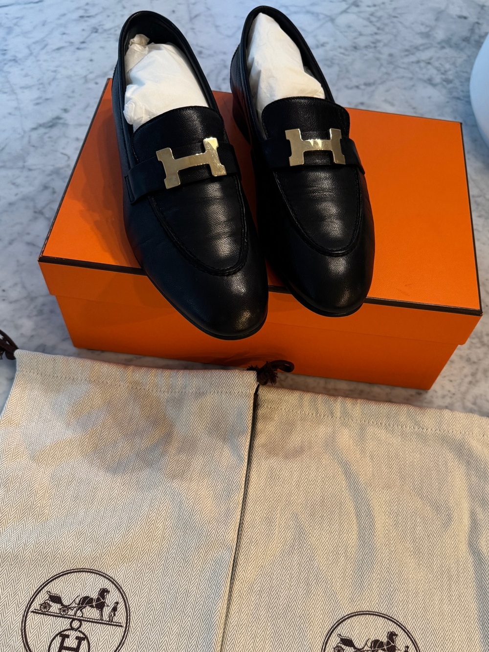 Hermes Black Leather H-Bit Loafers with Gold Hardware